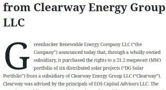 Greenbacker Acquires 21.2 MW of Solar Energy Projects from Clearway Energy Group LLC