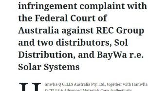 Hanwha Q CELLS Files Patent Infringement Complaint with the Federal Court of Australia Against Rec Group and Two Distributors, Sol Distribution, and Baywa R.E. Solar Systems