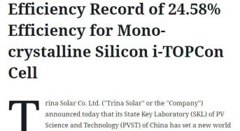 Trina Solar Announces New Efficiency Record of 24.58% Efficiency for Mono-crystalline Silicon i-TOPCon Cell